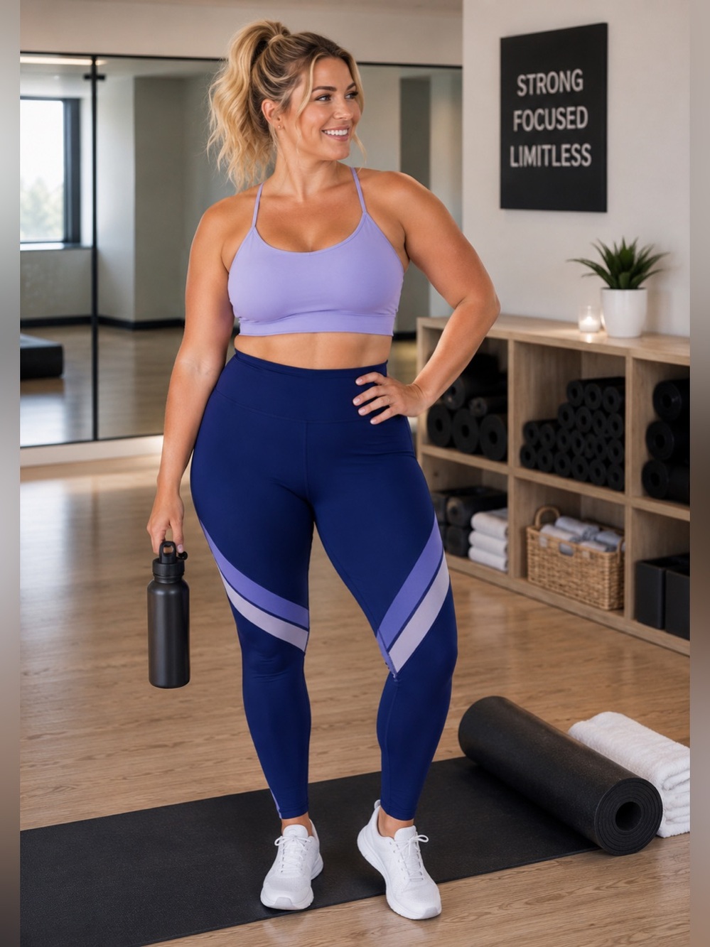 Fabletics Navy Leggings with Lilac Chevron Panels